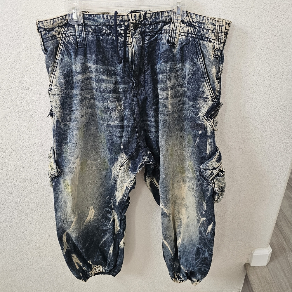 PRPS Goods & Co. Men's 38 Distressed Cargo Joggers - Acid Wash Wave Jacquard